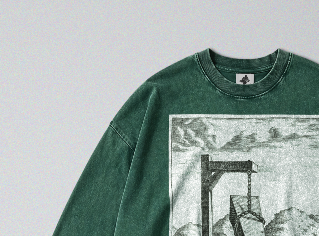 Oversized Snow Washed Long Sleeve Cotton Tee - Morbid Gallows & Coffin Print