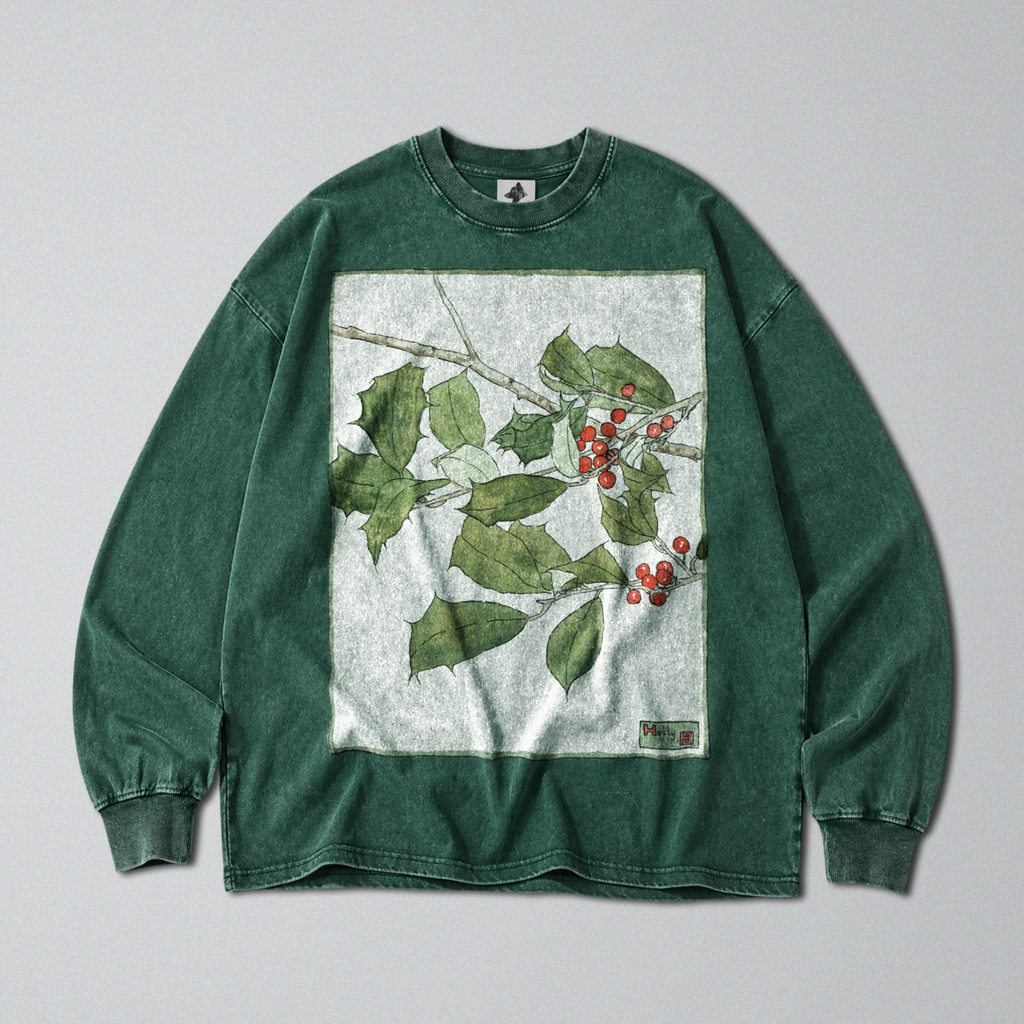 Oversized Snow Washed Long Sleeve Cotton Tee - Botanical Holly Branch Print
