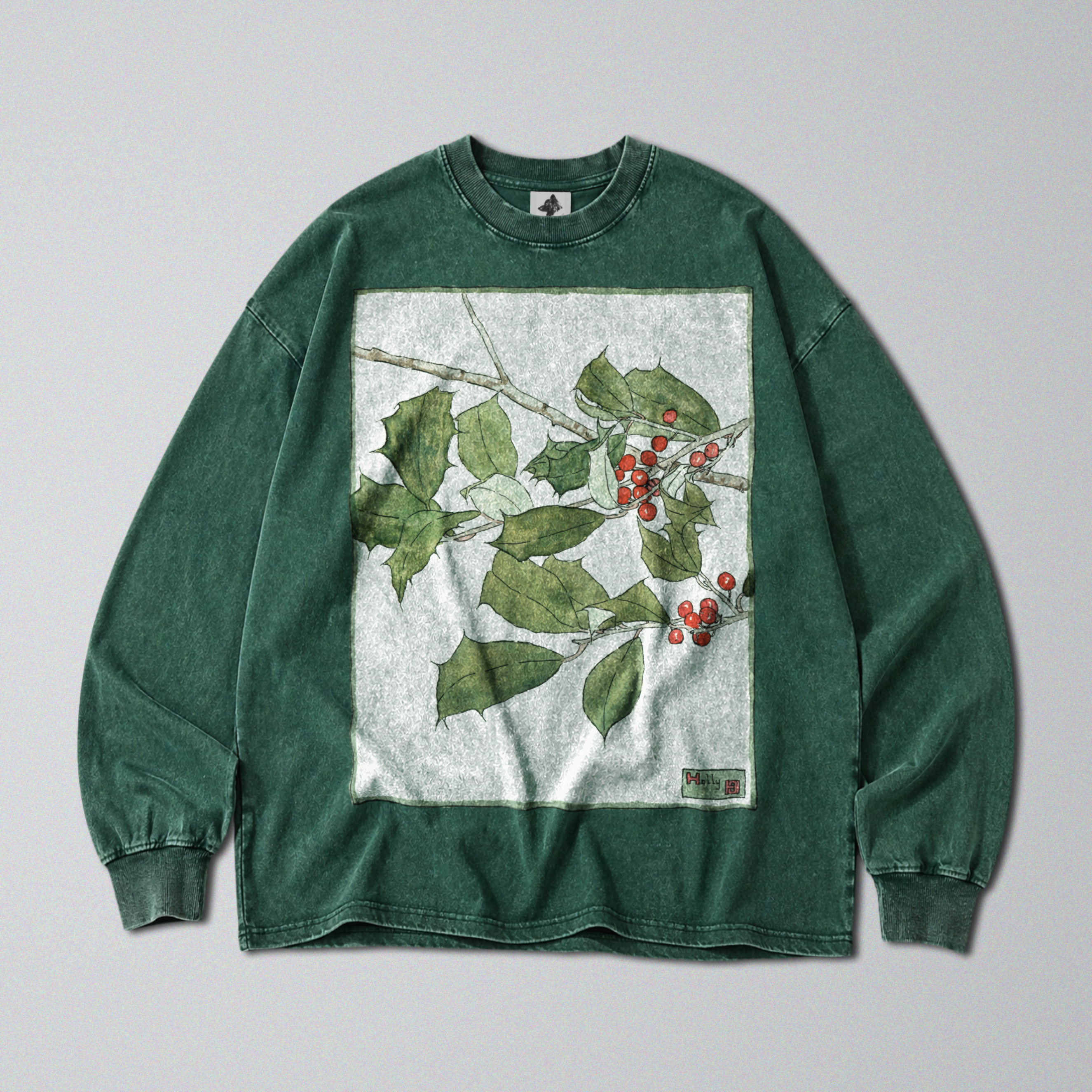 Oversized Snow Washed Long Sleeve Cotton Tee - Botanical Holly Branch Print