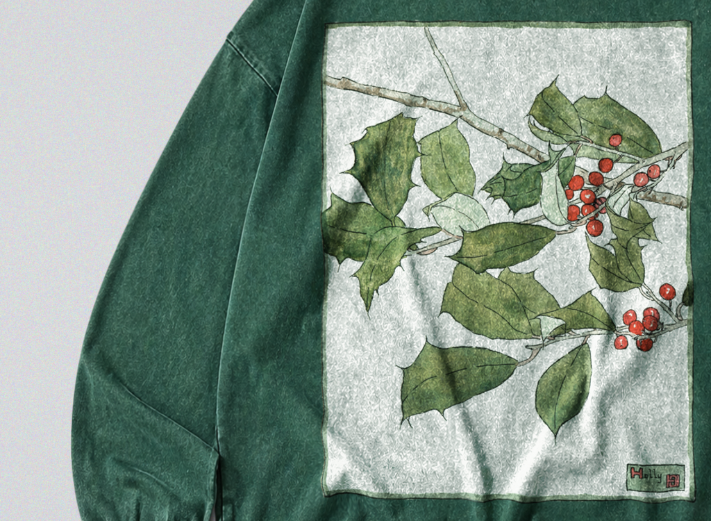 Oversized Snow Washed Long Sleeve Cotton Tee - Botanical Holly Branch Print