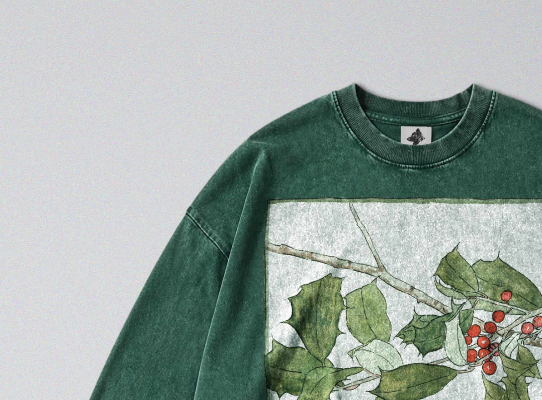 Oversized Snow Washed Long Sleeve Cotton Tee - Botanical Holly Branch Print