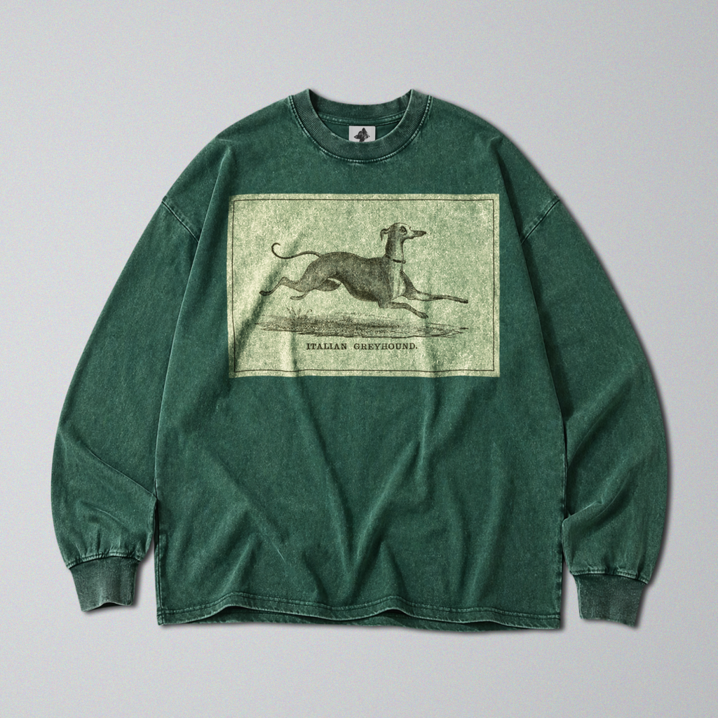 Oversized Snow Washed Long Sleeve Cotton Tee - Black & White Greyhound Print
