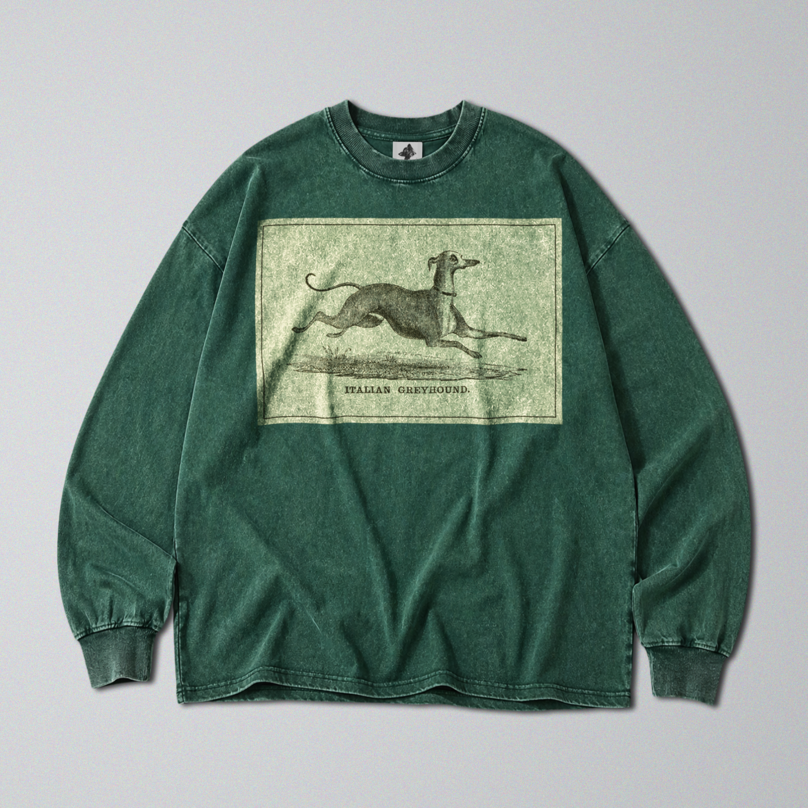 Oversized Snow Washed Long Sleeve Cotton Tee - Black & White Greyhound Print