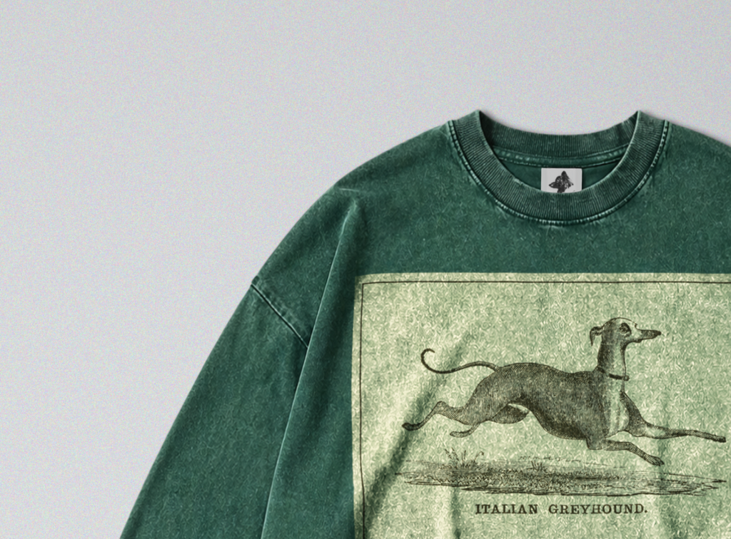 Oversized Snow Washed Long Sleeve Cotton Tee - Black & White Greyhound Print