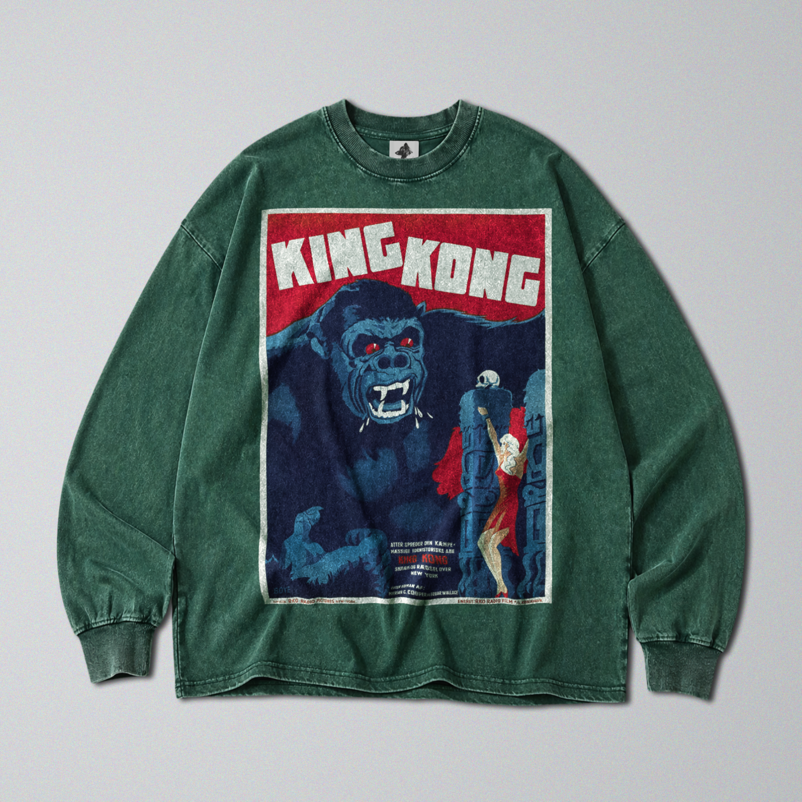 Oversized Snow Washed Long Sleeve Cotton Tee - King Kong Movie Poster Print