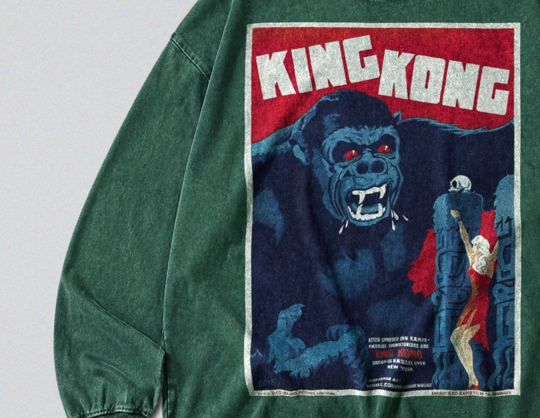 Oversized Snow Washed Long Sleeve Cotton Tee - King Kong Movie Poster Print