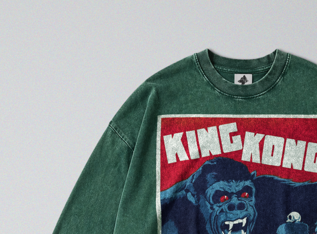 Oversized Snow Washed Long Sleeve Cotton Tee - King Kong Movie Poster Print