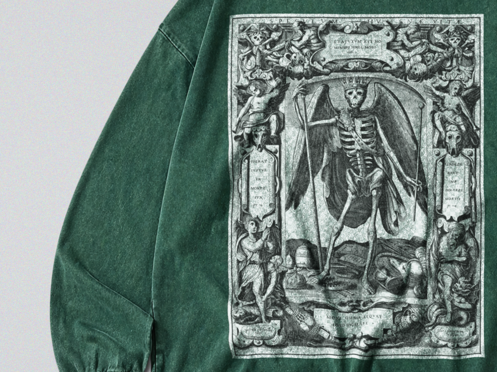 Oversized Snow Washed Long Sleeve Cotton Tee - Angel of Death Print