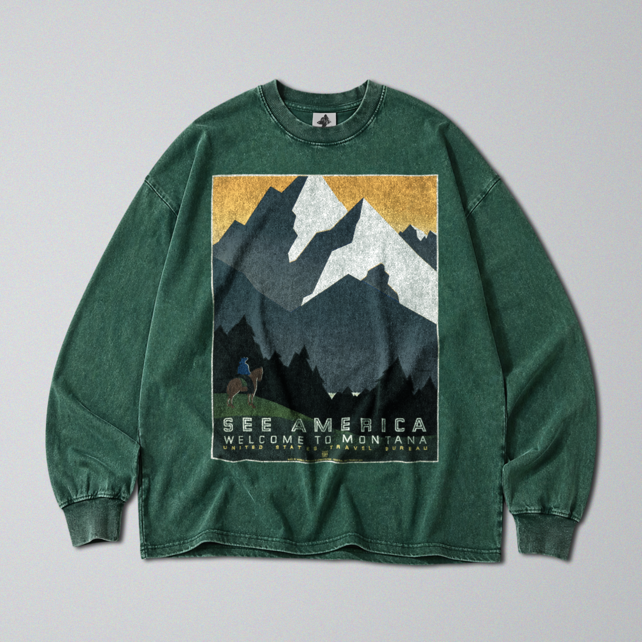 Oversized Snow Washed Long Sleeve Cotton Tee - Montana Mountains Print