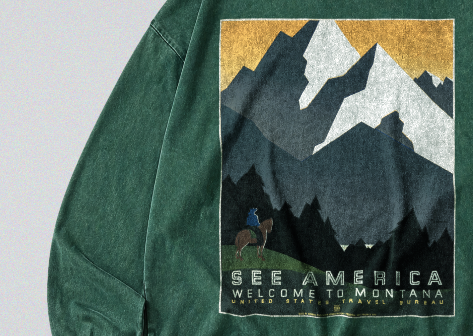 Oversized Snow Washed Long Sleeve Cotton Tee - Montana Mountains Print