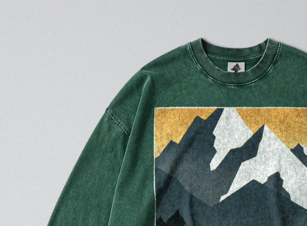 Oversized Snow Washed Long Sleeve Cotton Tee - Montana Mountains Print