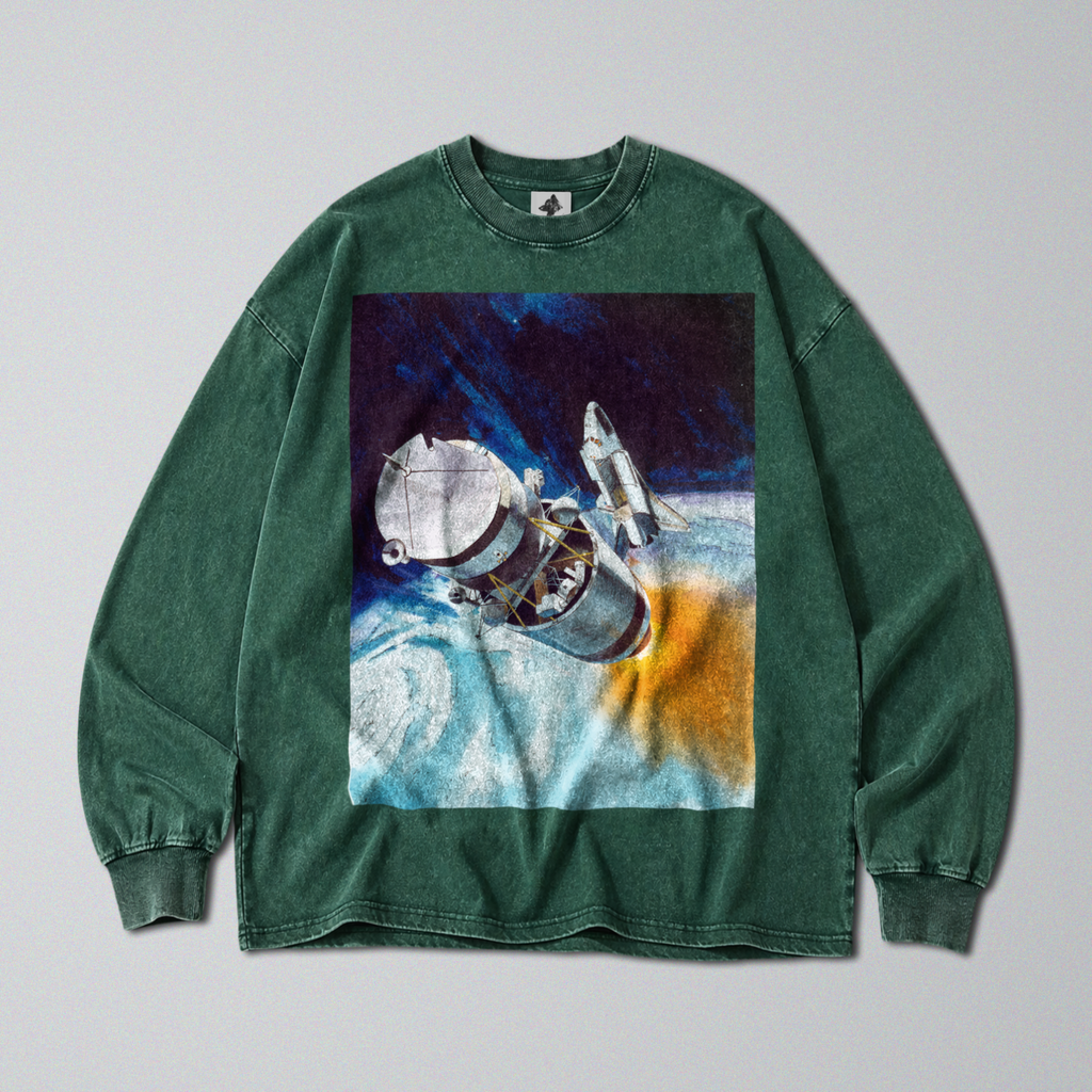 Oversized Snow Washed Long Sleeve Cotton Tee - NASA Spaceship in Orbit Print