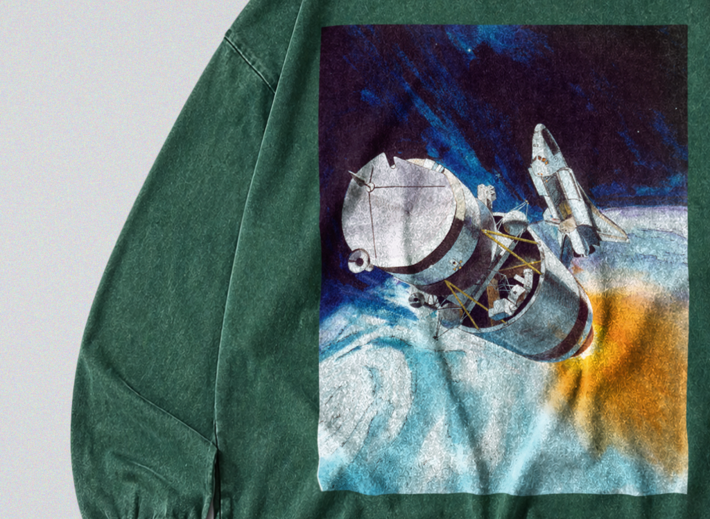Oversized Snow Washed Long Sleeve Cotton Tee - NASA Spaceship in Orbit Print