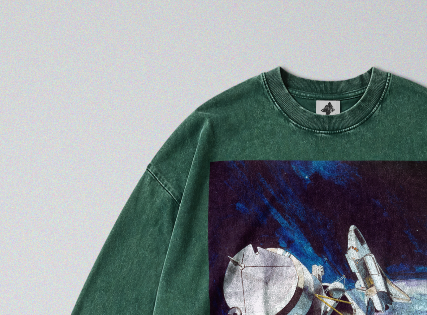 Oversized Snow Washed Long Sleeve Cotton Tee - NASA Spaceship in Orbit Print