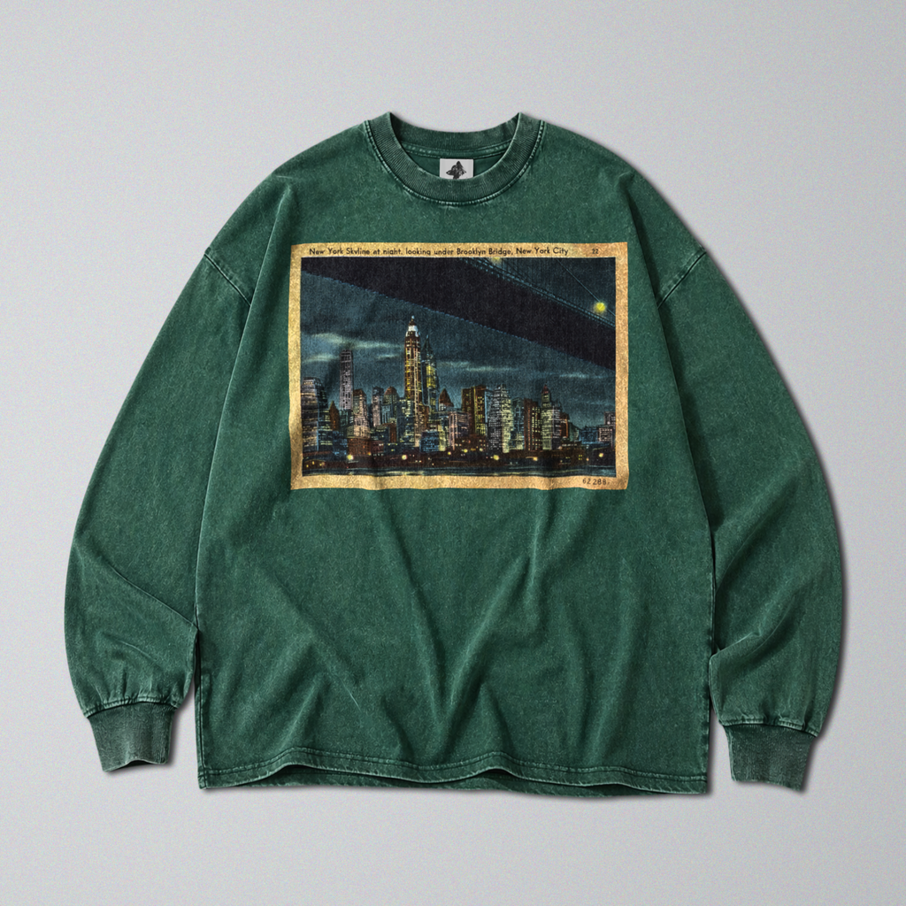Oversized Snow Washed Long Sleeve Cotton Tee - New York Skyline at Night Print