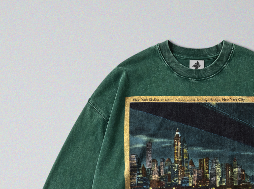 Oversized Snow Washed Long Sleeve Cotton Tee - New York Skyline at Night Print