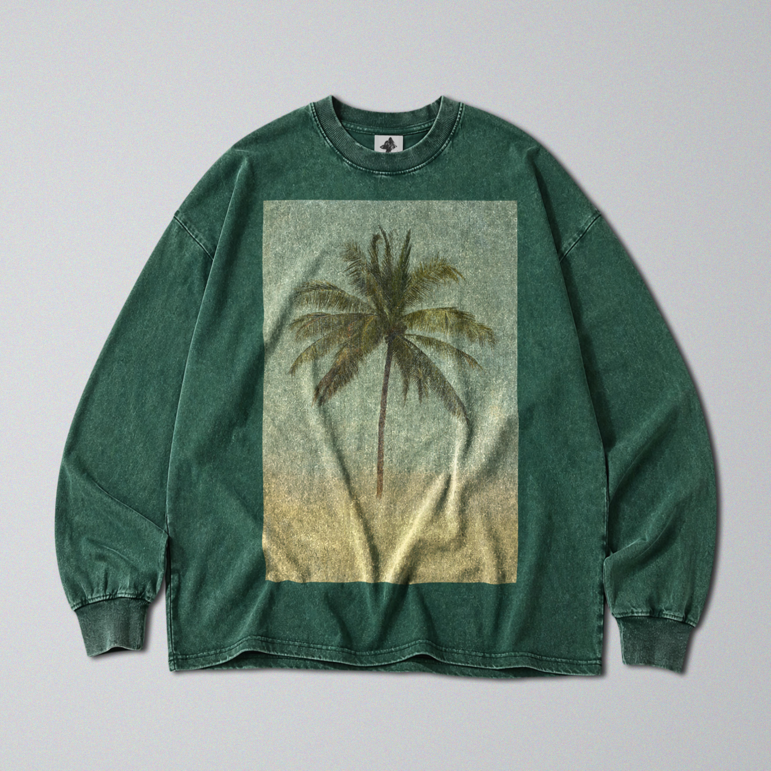 Oversized Snow Washed Long Sleeve Cotton Tee - Minimalist Palm Tree Print