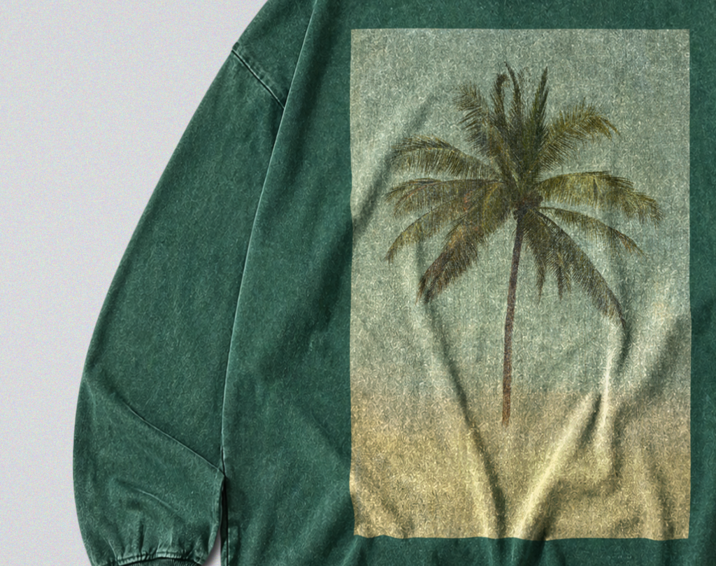 Oversized Snow Washed Long Sleeve Cotton Tee - Minimalist Palm Tree Print