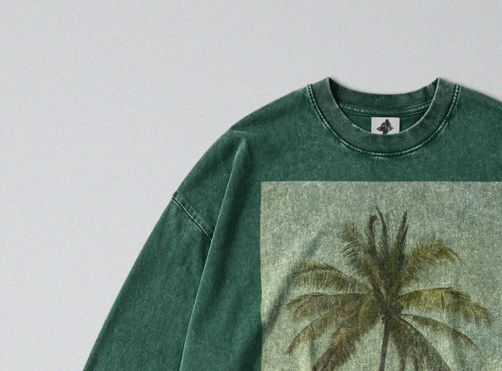 Oversized Snow Washed Long Sleeve Cotton Tee - Minimalist Palm Tree Print