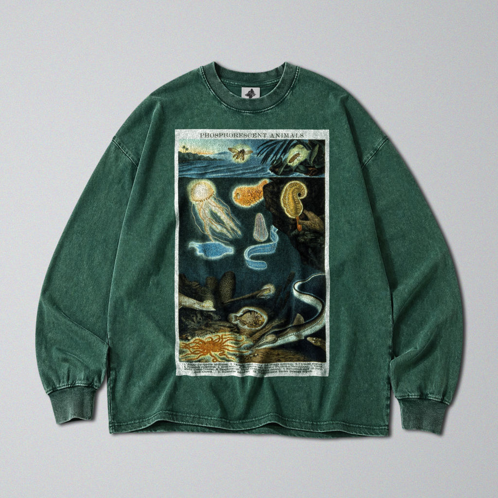 Oversized Snow Washed Long Sleeve Cotton Tee - Deep Sea Marine Life Print