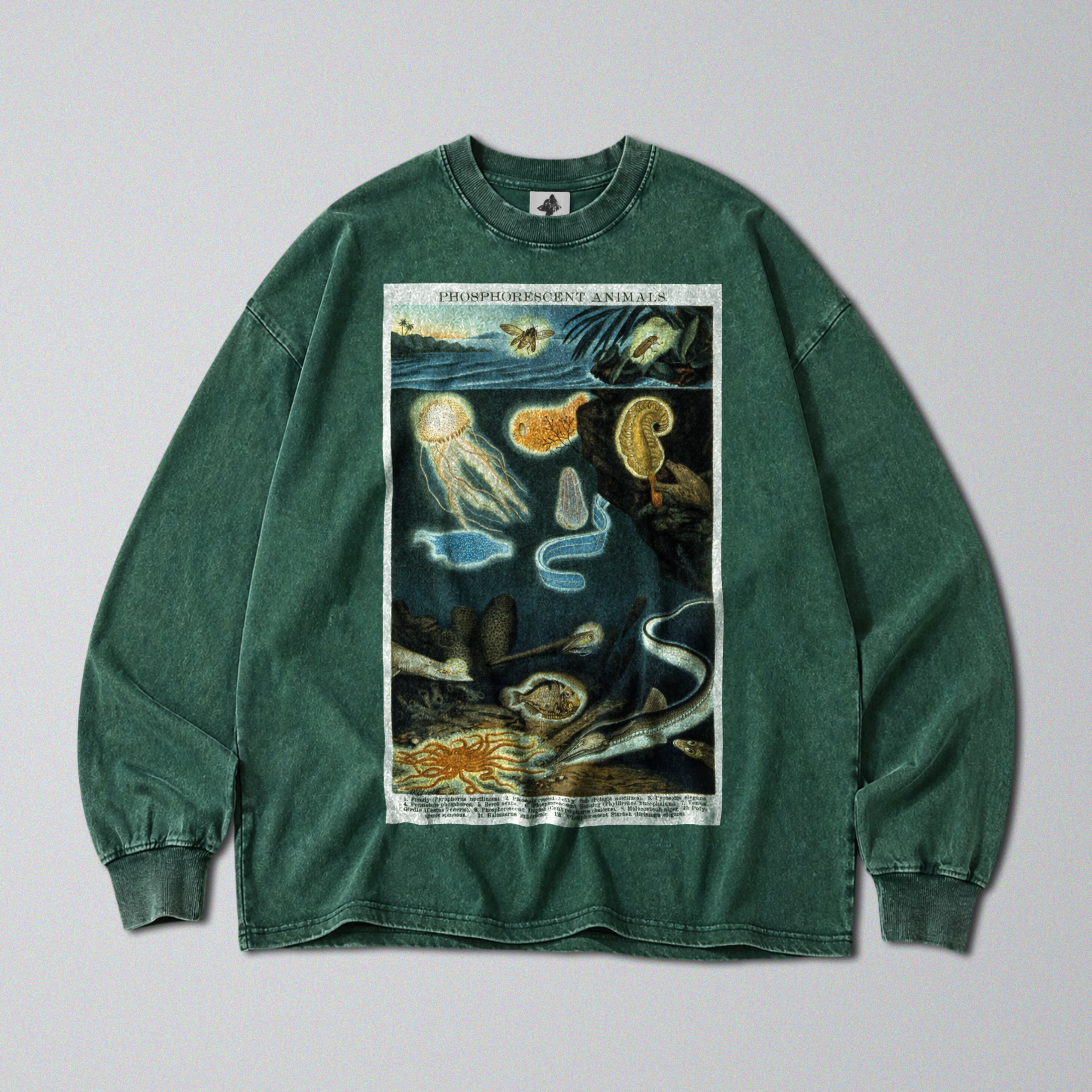 Oversized Snow Washed Long Sleeve Cotton Tee - Deep Sea Marine Life Print