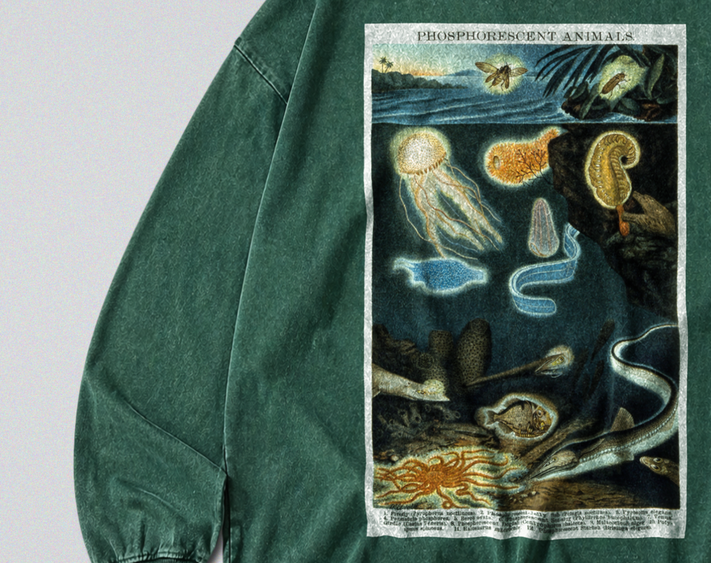 Oversized Snow Washed Long Sleeve Cotton Tee - Deep Sea Marine Life Print