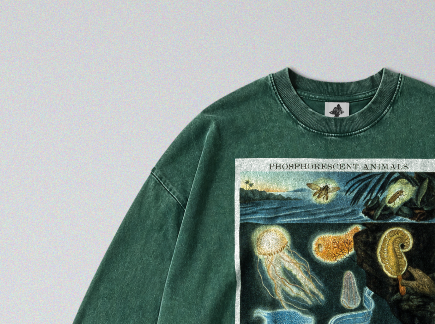Oversized Snow Washed Long Sleeve Cotton Tee - Deep Sea Marine Life Print