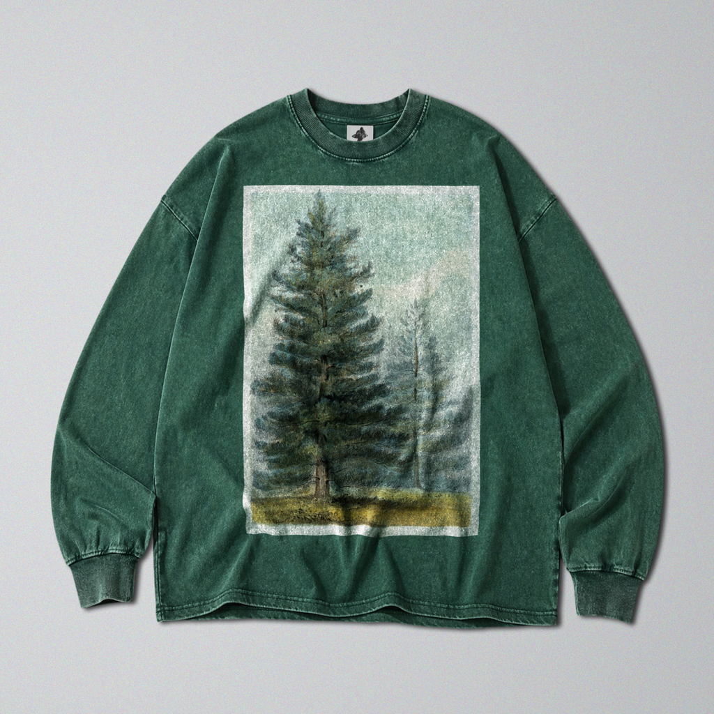 Oversized Snow Washed Long Sleeve Cotton Tee - Woodland Pine Tree Print