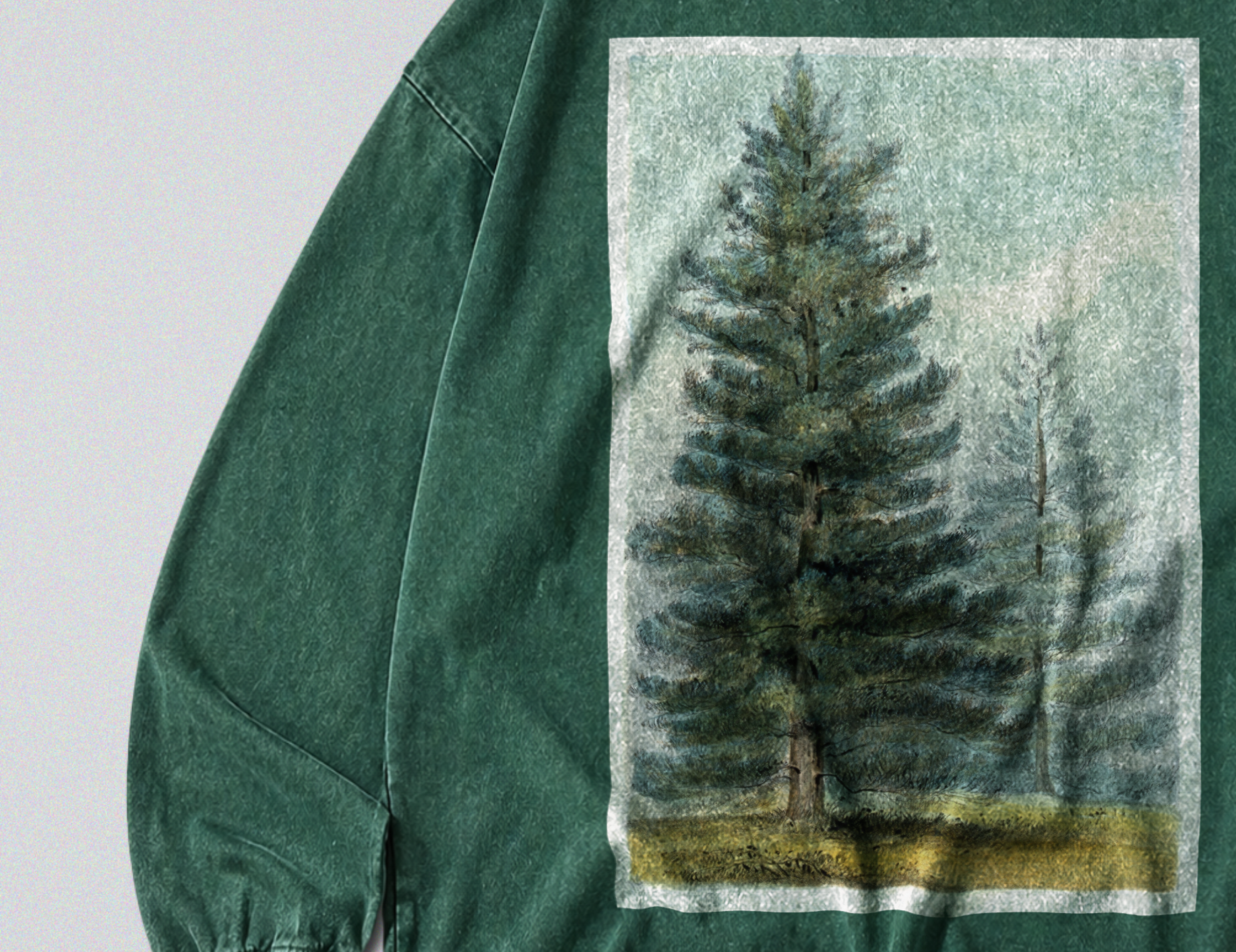 Oversized Snow Washed Long Sleeve Cotton Tee - Woodland Pine Tree Print