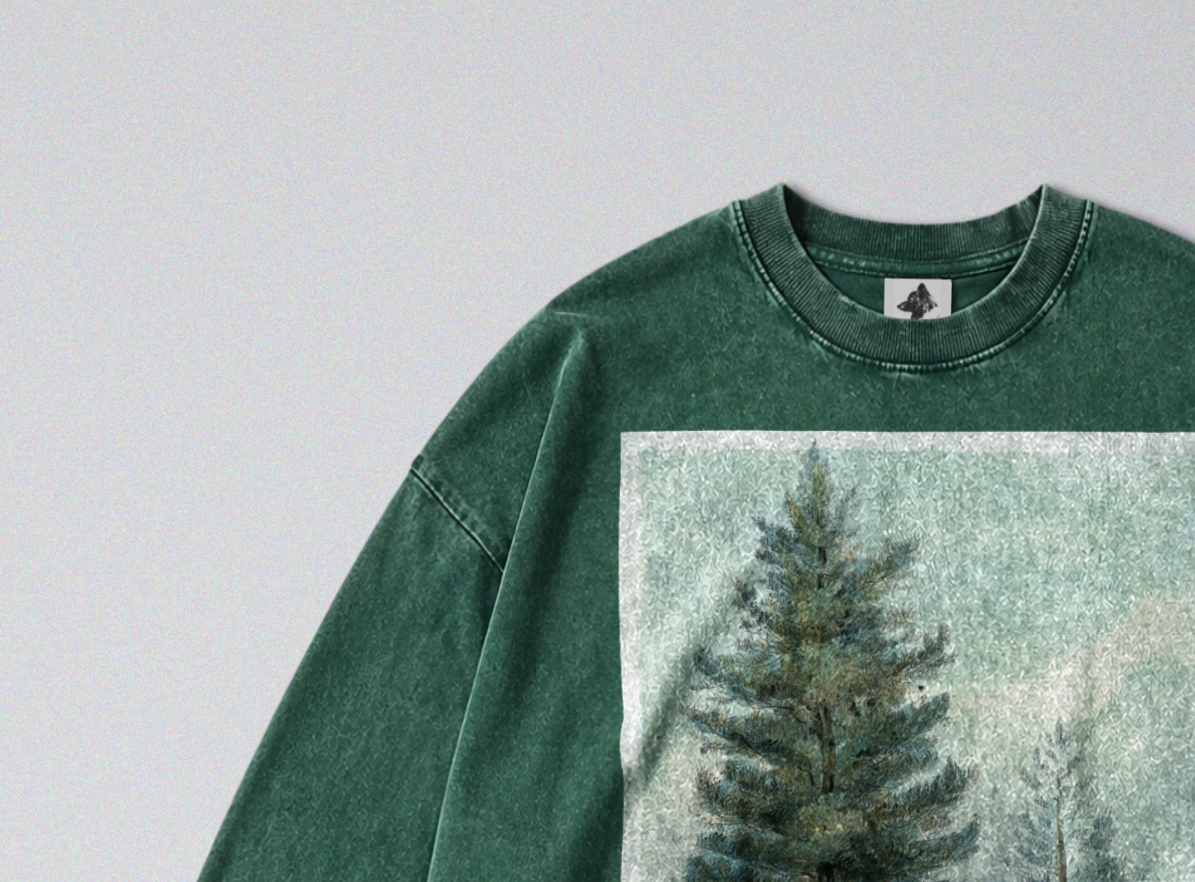 Oversized Snow Washed Long Sleeve Cotton Tee - Woodland Pine Tree Print