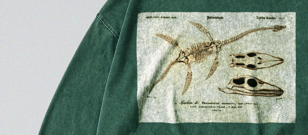 Oversized Snow Washed Long Sleeve Cotton Tee - Plesiosaur Skeleton Fossil Print