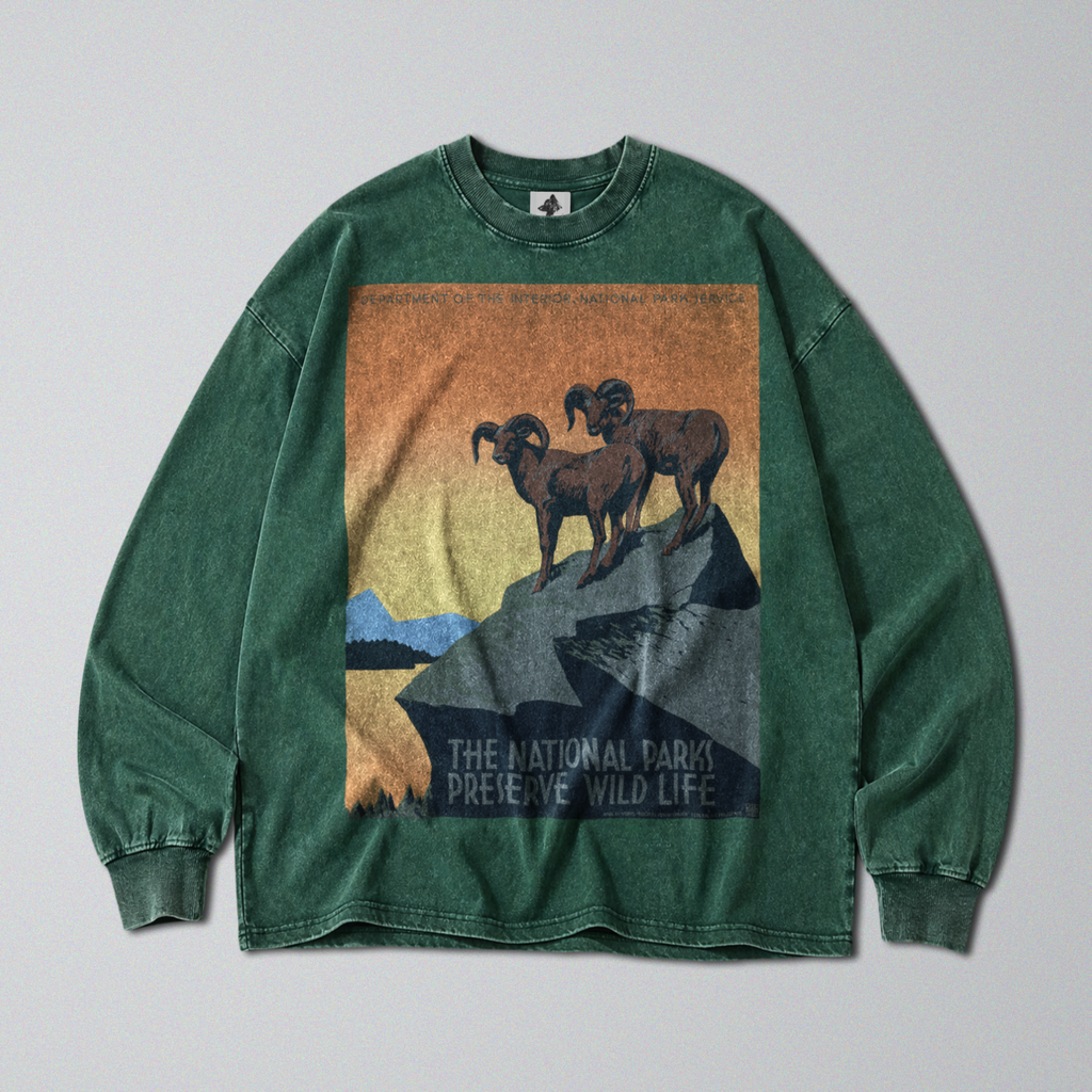 Oversized Snow Washed Long Sleeve Cotton Tee - Preserve Wildlife Print