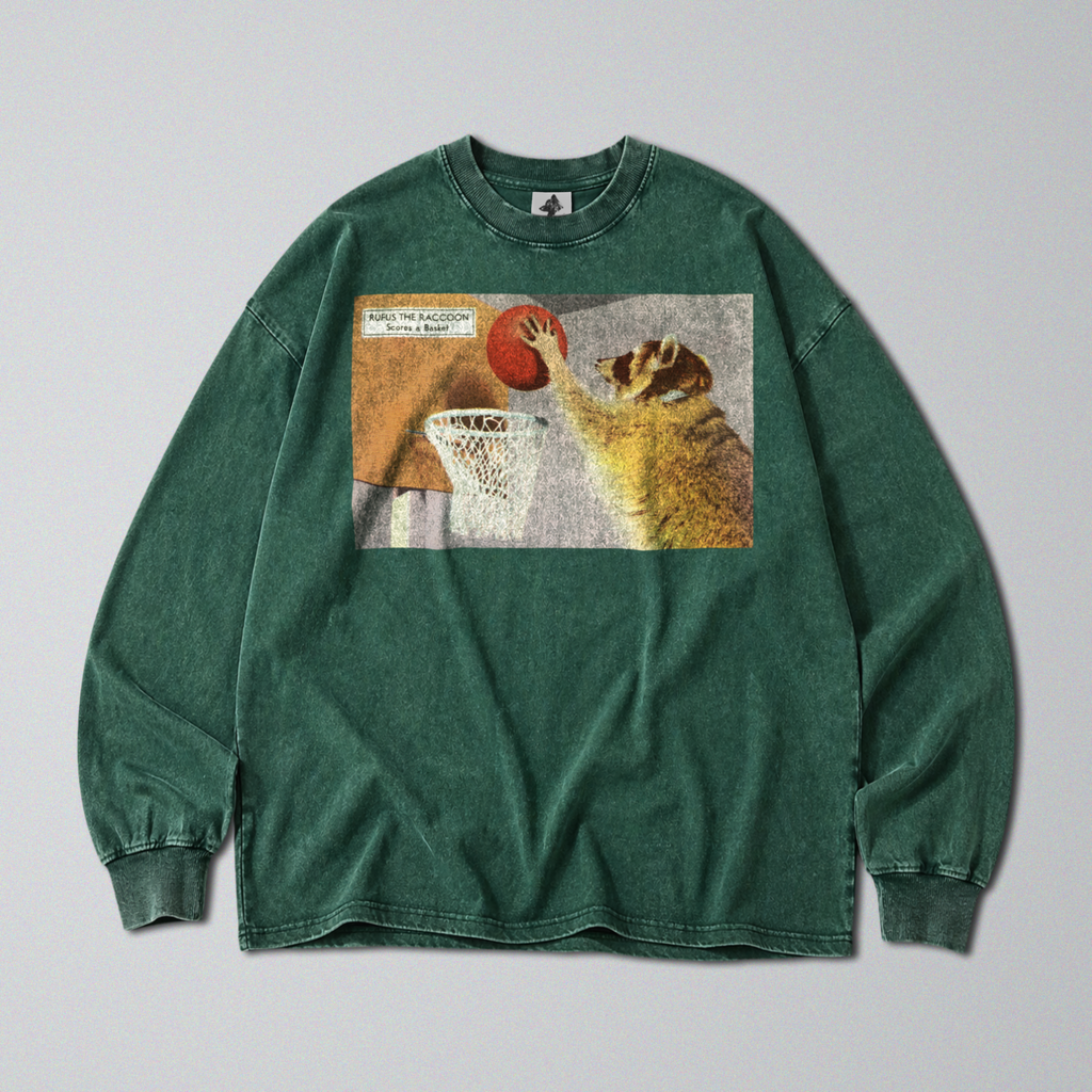 Oversized Snow Washed Long Sleeve Cotton Tee - Funny Raccoon Print