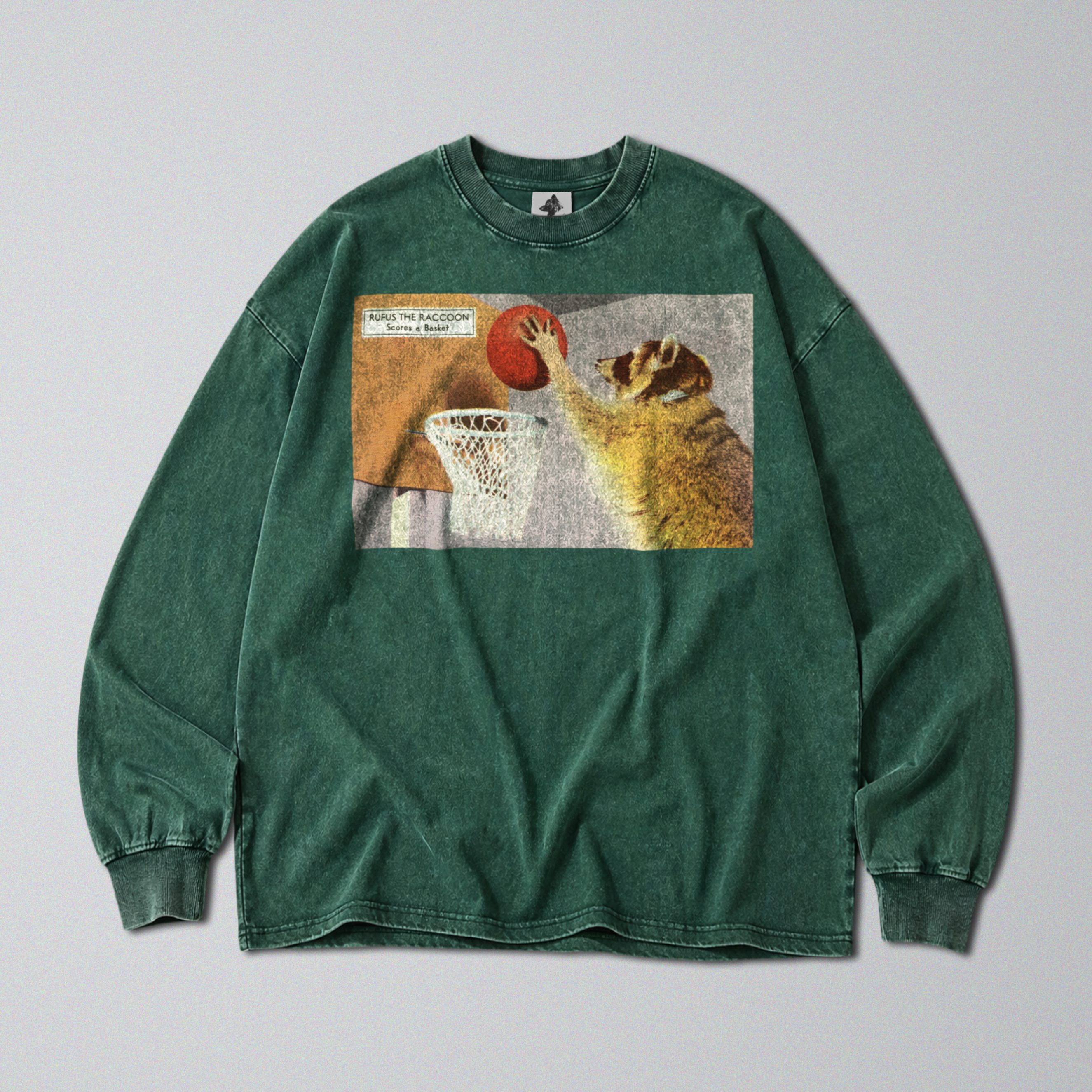 Oversized Snow Washed Long Sleeve Cotton Tee - Funny Raccoon Print