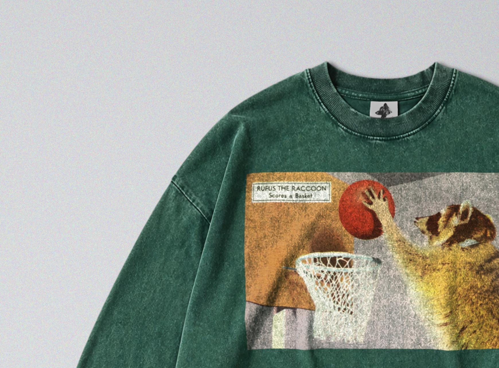 Oversized Snow Washed Long Sleeve Cotton Tee - Funny Raccoon Print