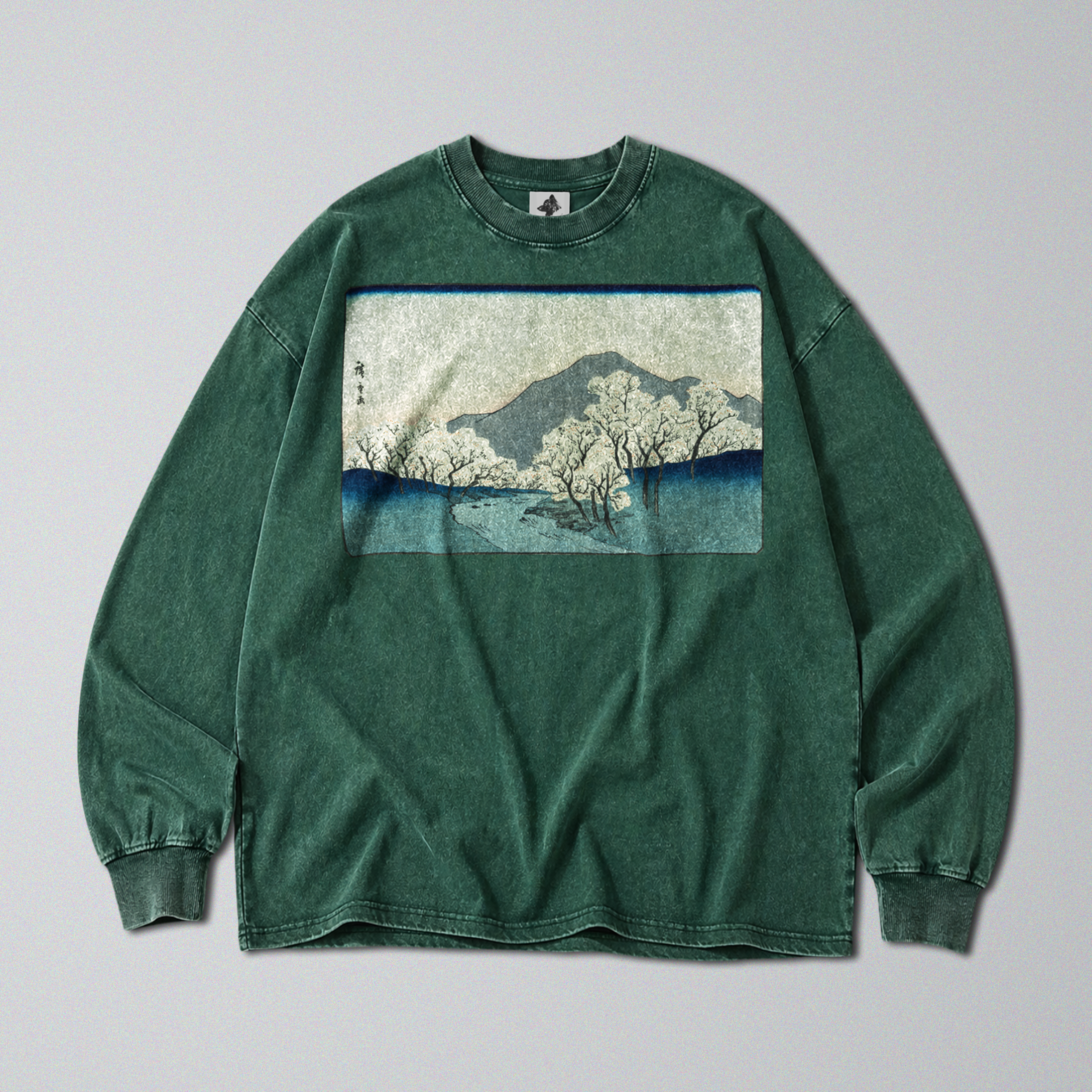 Oversized Snow Washed Long Sleeve Cotton Tee - Japanese Snowy Mountain Print