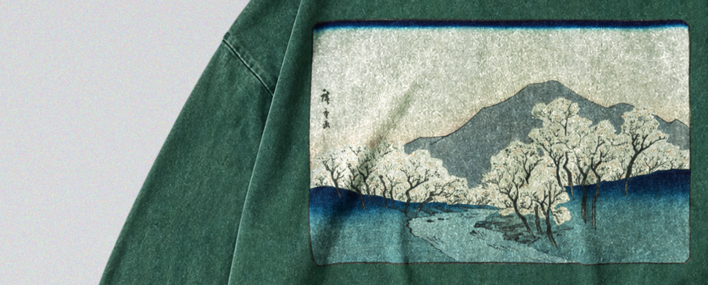 Oversized Snow Washed Long Sleeve Cotton Tee - Japanese Snowy Mountain Print