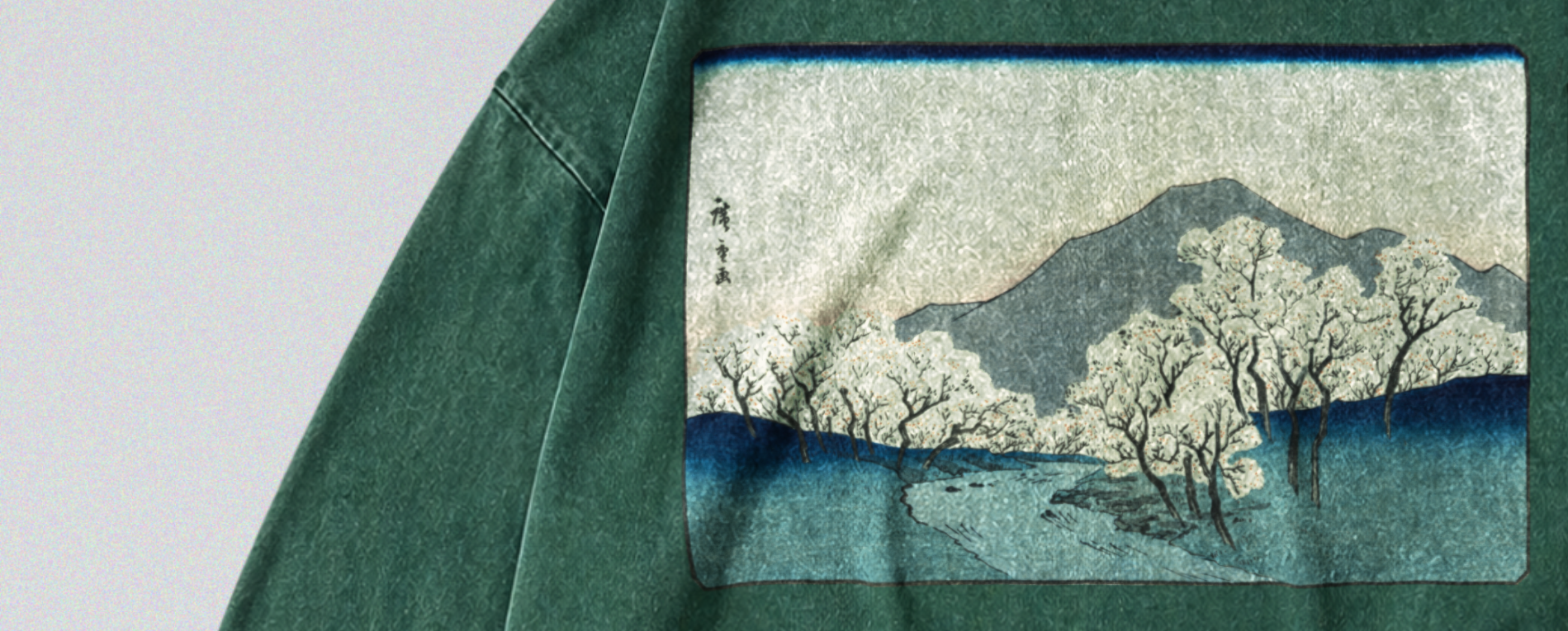 Oversized Snow Washed Long Sleeve Cotton Tee - Japanese Snowy Mountain Print