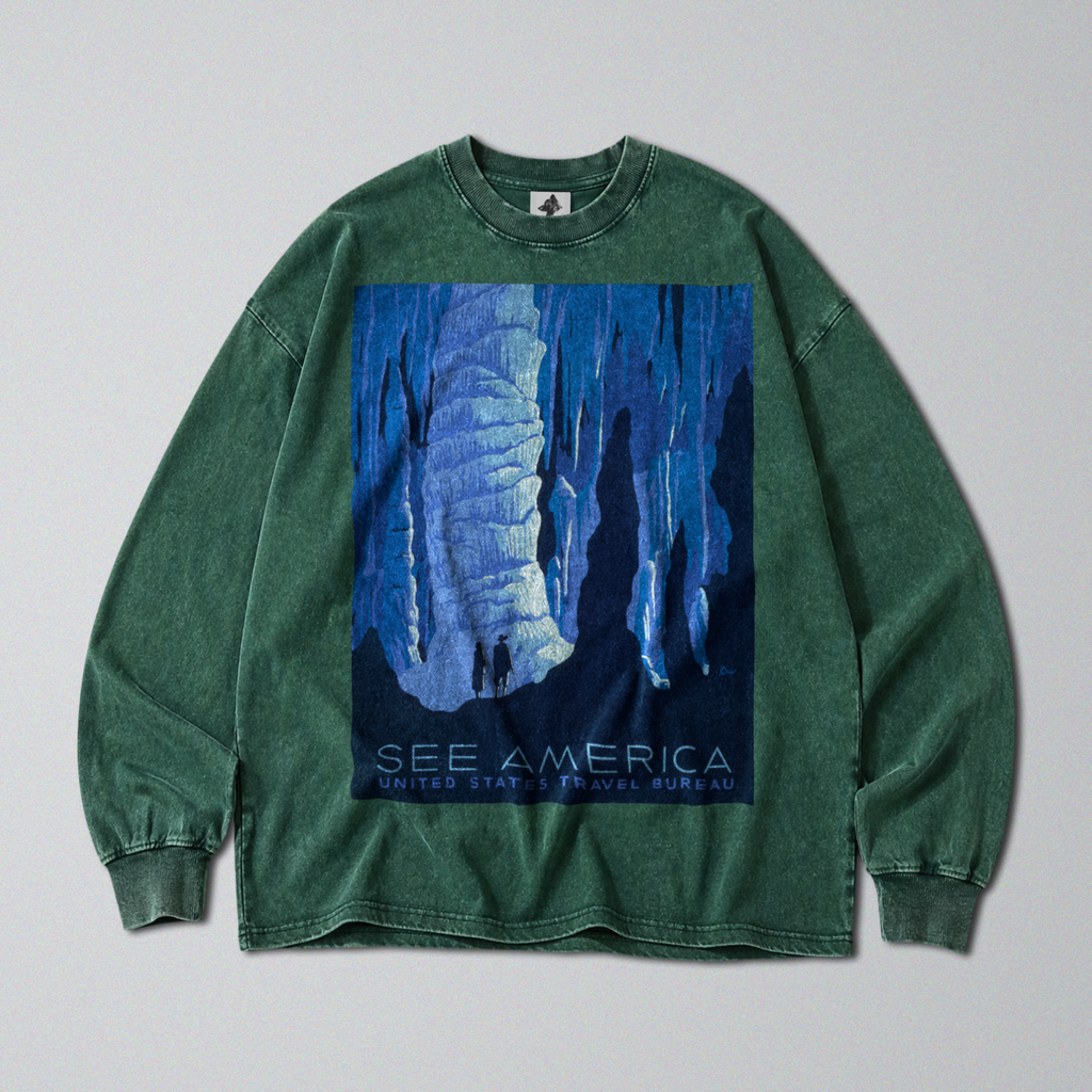 Oversized Snow Washed Long Sleeve Cotton Tee - Carlsbad Caverns National Park Print