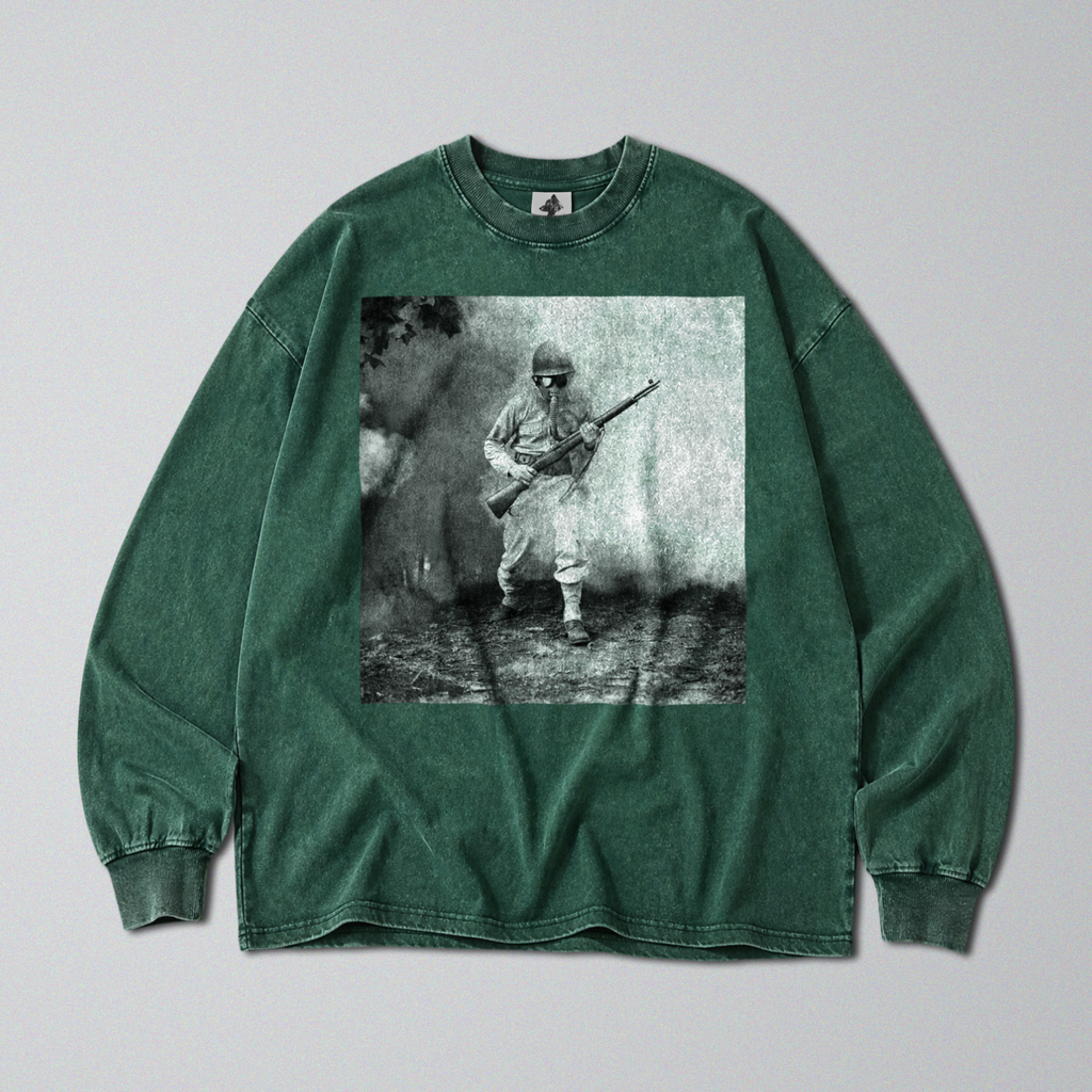 Oversized Snow Washed Long Sleeve Cotton Tee - WW2 Soldier With Gasmask Print