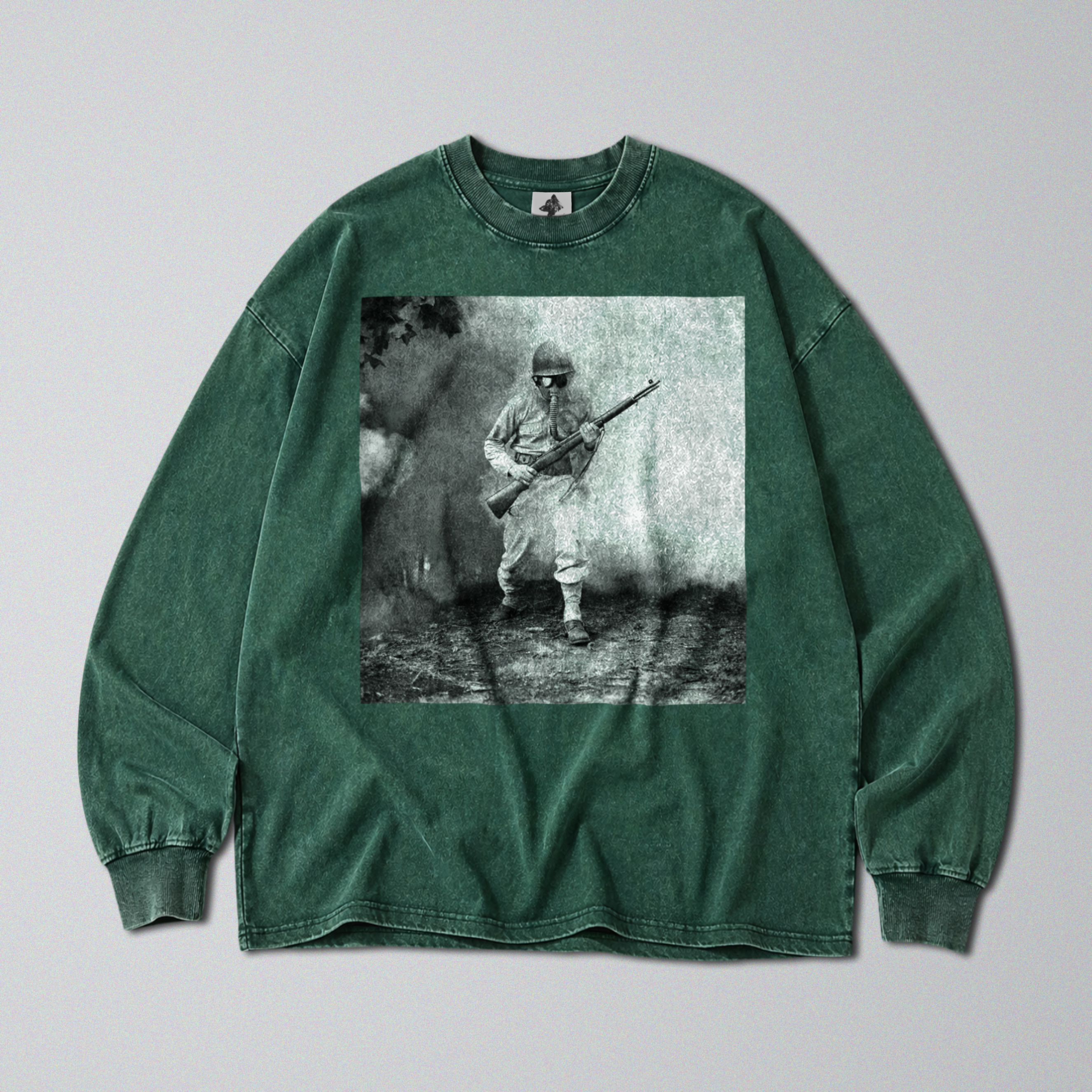 Oversized Snow Washed Long Sleeve Cotton Tee - WW2 Soldier With Gasmask Print