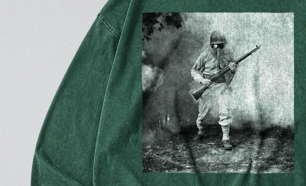Oversized Snow Washed Long Sleeve Cotton Tee - WW2 Soldier With Gasmask Print