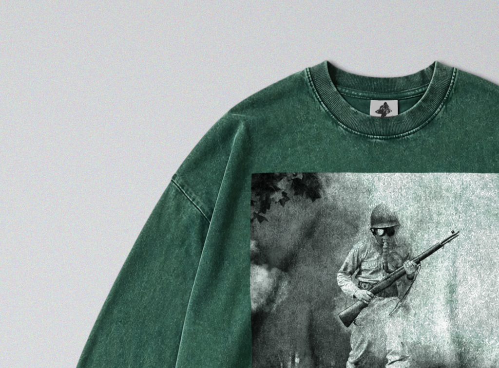 Oversized Snow Washed Long Sleeve Cotton Tee - WW2 Soldier With Gasmask Print