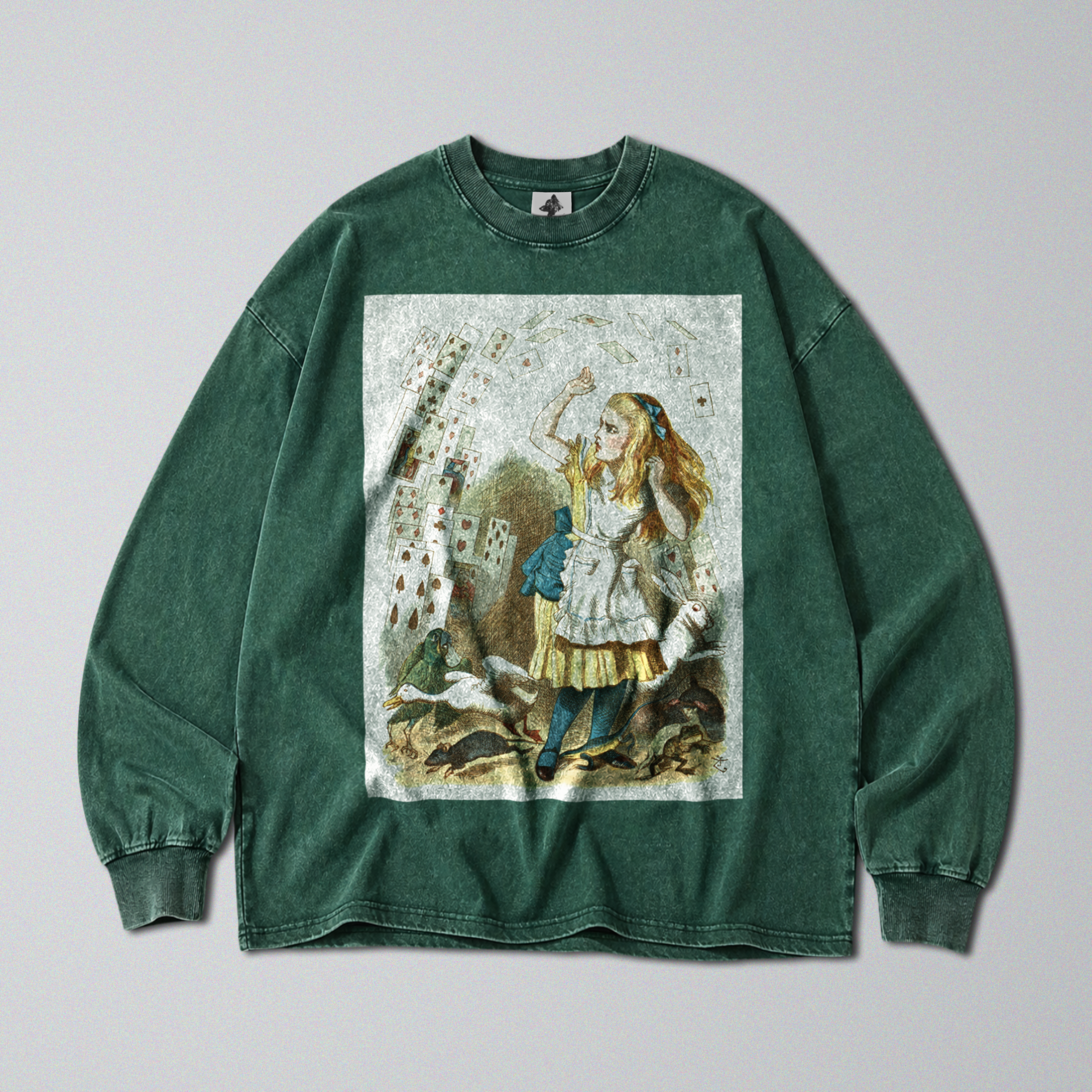 Oversized Snow Washed Long Sleeve Cotton Tee - Alice in Wonderland Book Print