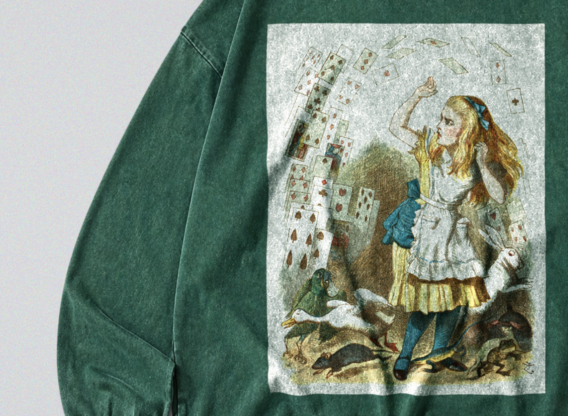 Oversized Snow Washed Long Sleeve Cotton Tee - Alice in Wonderland Book Print