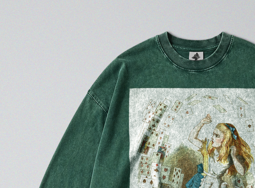 Oversized Snow Washed Long Sleeve Cotton Tee - Alice in Wonderland Book Print