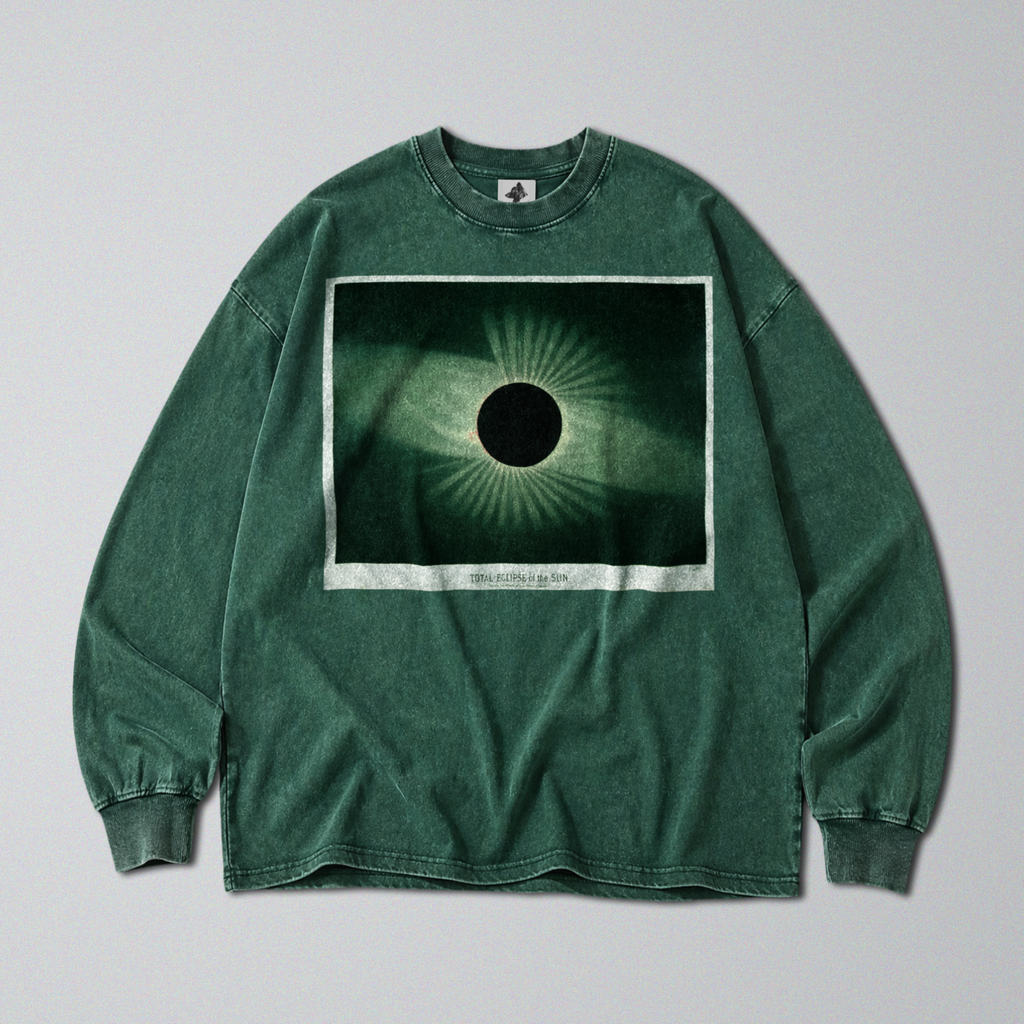 Oversized Snow Washed Long Sleeve Cotton Tee - Solar Eclipse Print