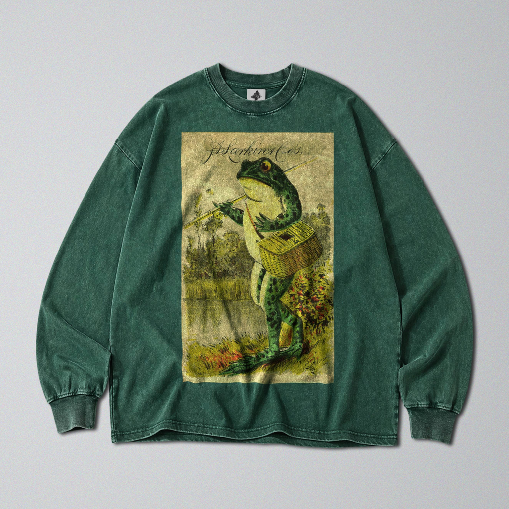Oversized Snow Washed Long Sleeve Cotton Tee - Frog Going Fishing Print