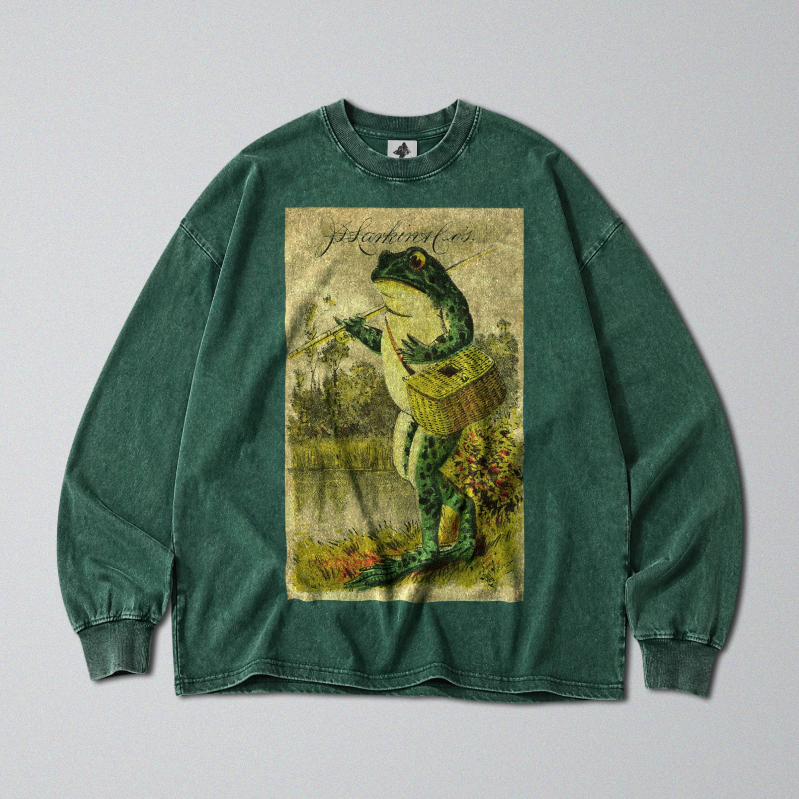 Oversized Snow Washed Long Sleeve Cotton Tee - Frog Going Fishing Print