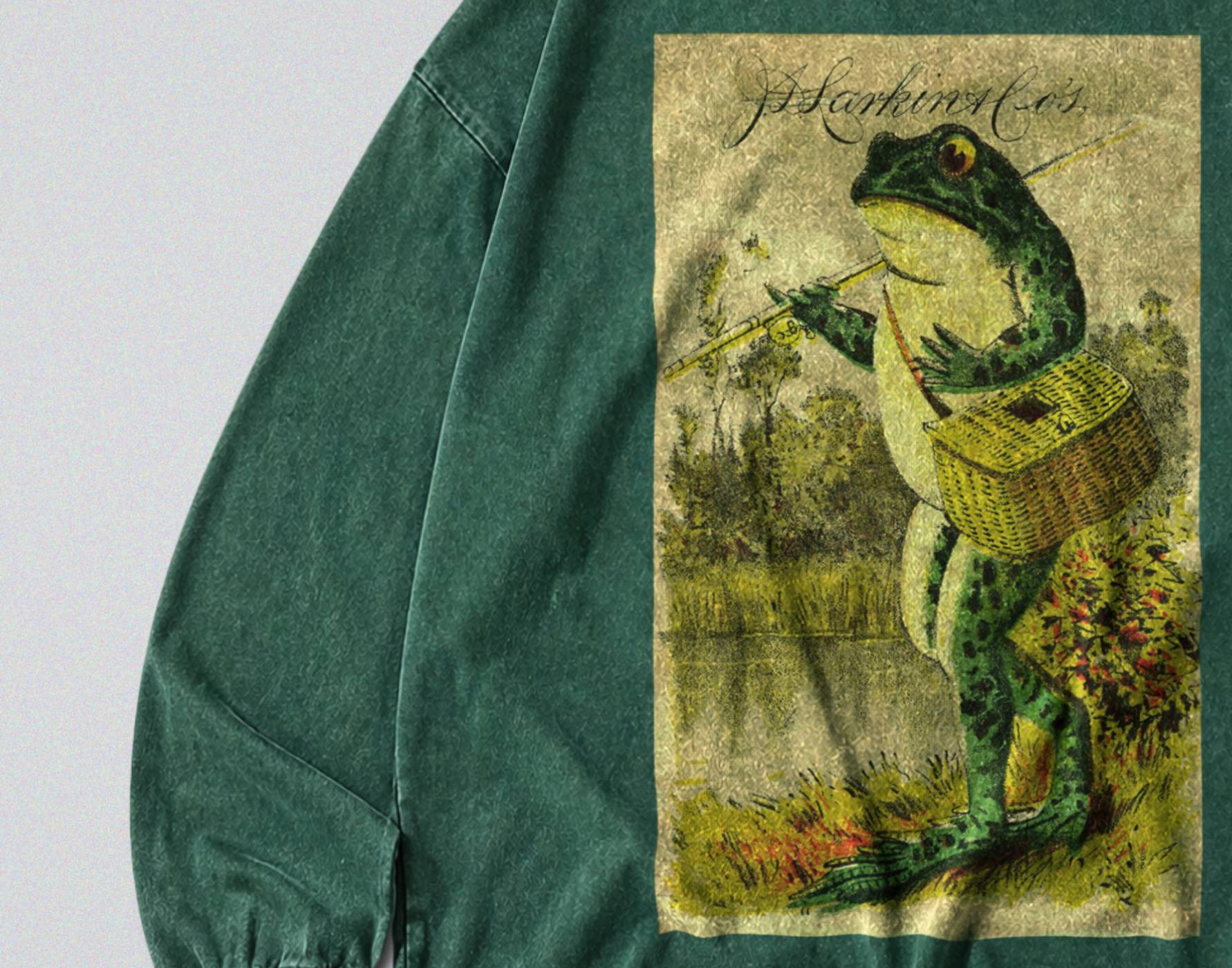 Oversized Snow Washed Long Sleeve Cotton Tee - Frog Going Fishing Print